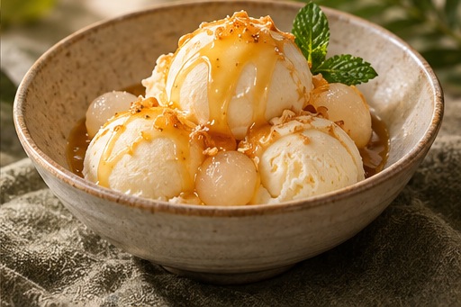 Vanilla ice cream with palmyra syrup