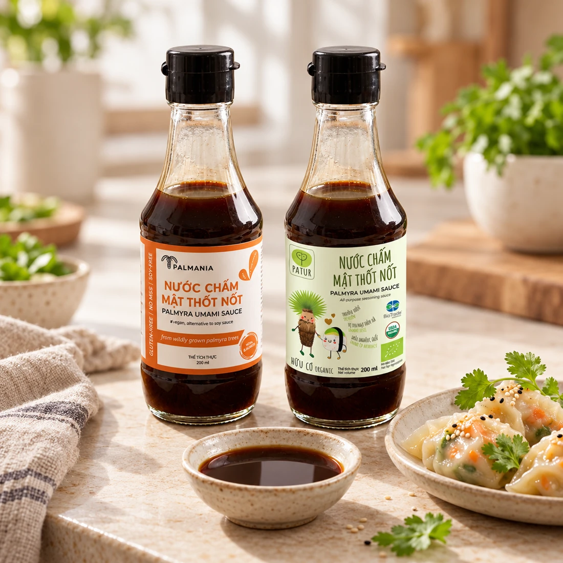 PATUR organic and Palmania natural palmyra umami sauce bottles